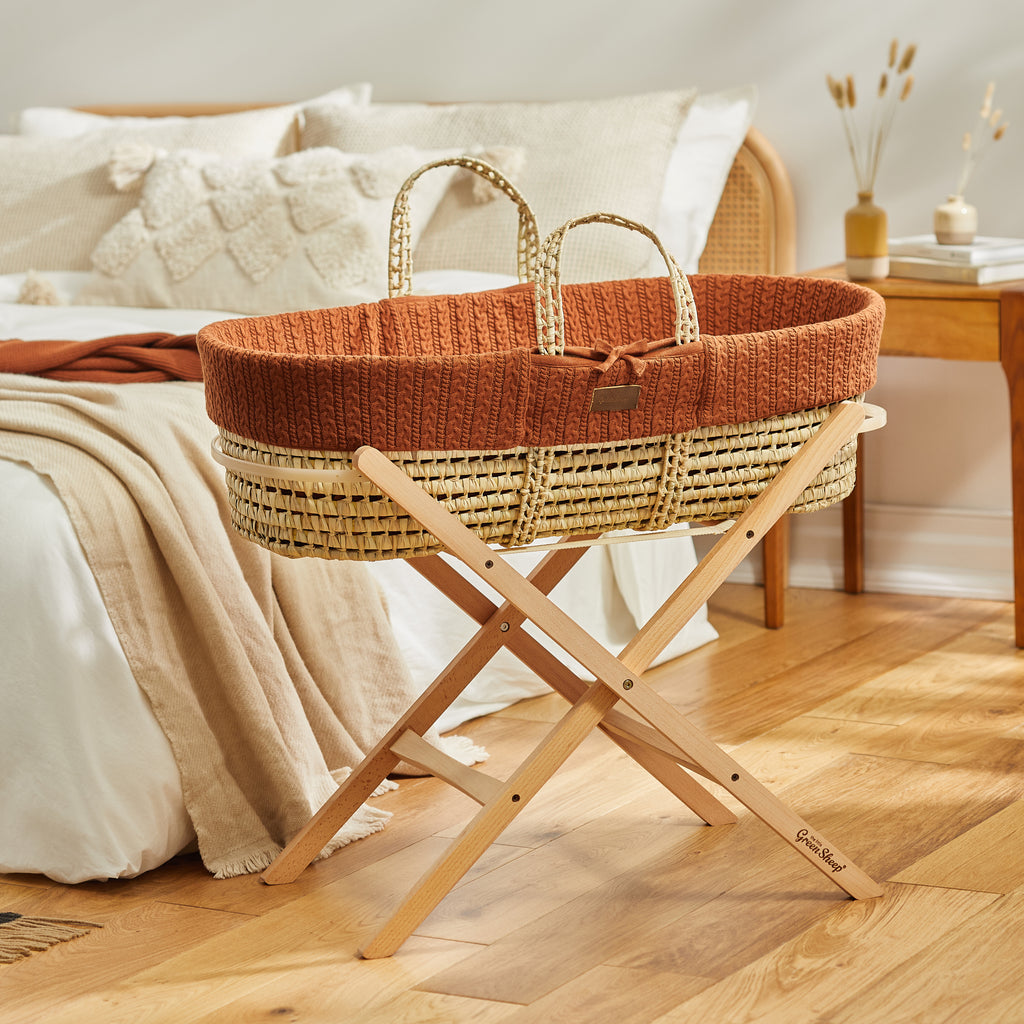 The Little Green Sheep Knitted Moses Basket & Stand - Terracotta