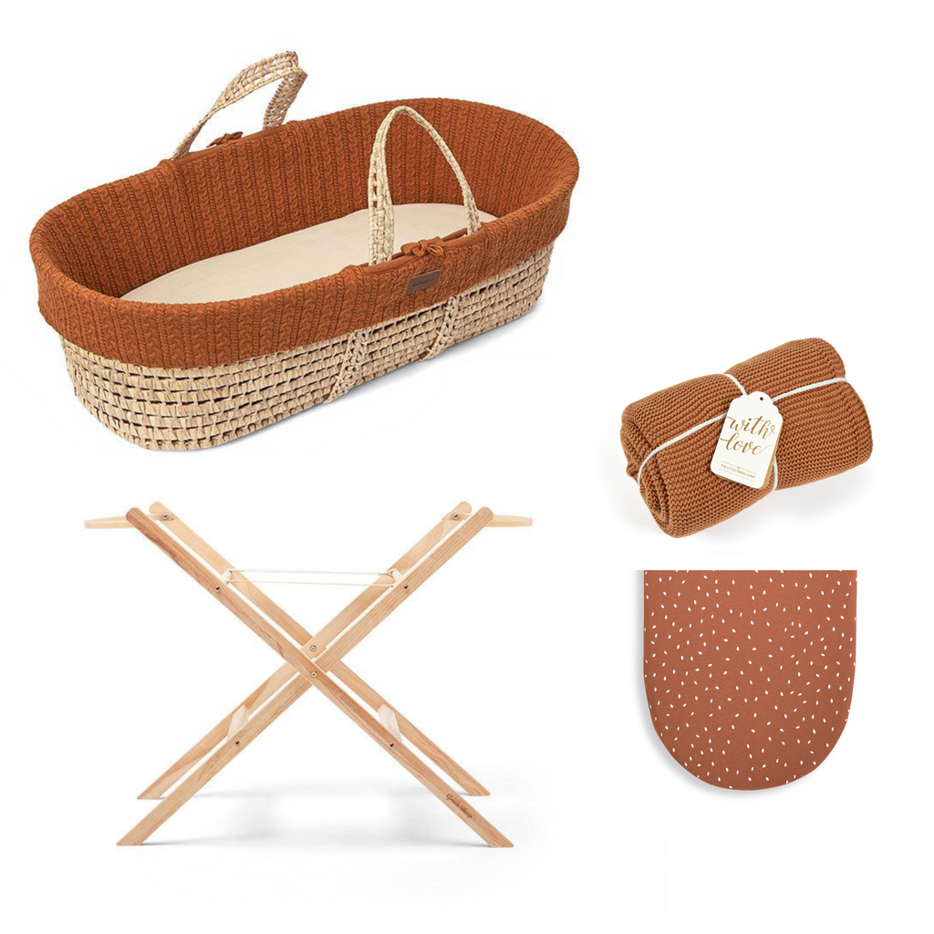 The Little Green Sheep Knitted Moses Basket Bundle - Terracotta