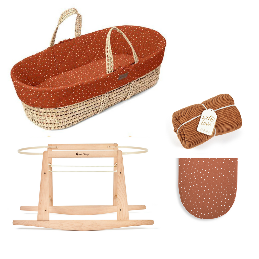 The Little Green Sheep Quilted Moses Basket Bundle - Terracotta Rice