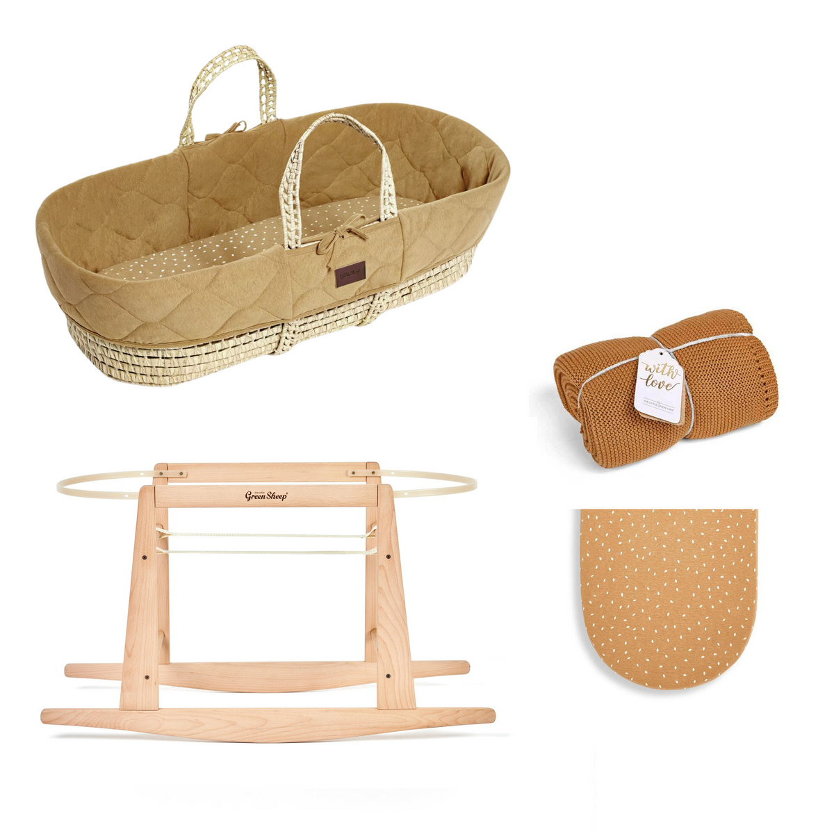 The Little Green Sheep Quilted Moses Basket Bundle Honey