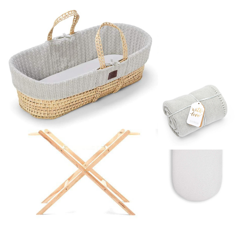 The Little Green Sheep Knitted Moses Basket Bundle - Dove