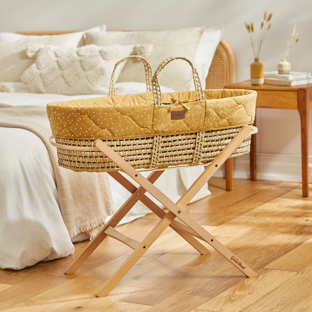 The Little Green Sheep Quilted Moses Basket & Mattress - Honey Rice