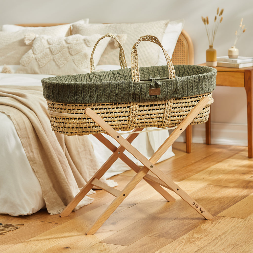 The Little Green Sheep Knitted Moses Basket & Stand - Juniper