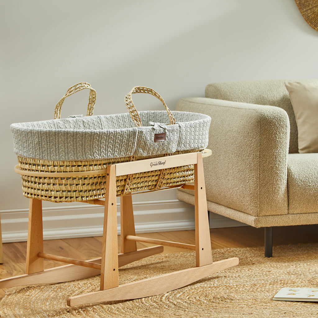 The Little Green Sheep Knitted Moses Basket & Stand - Dove
