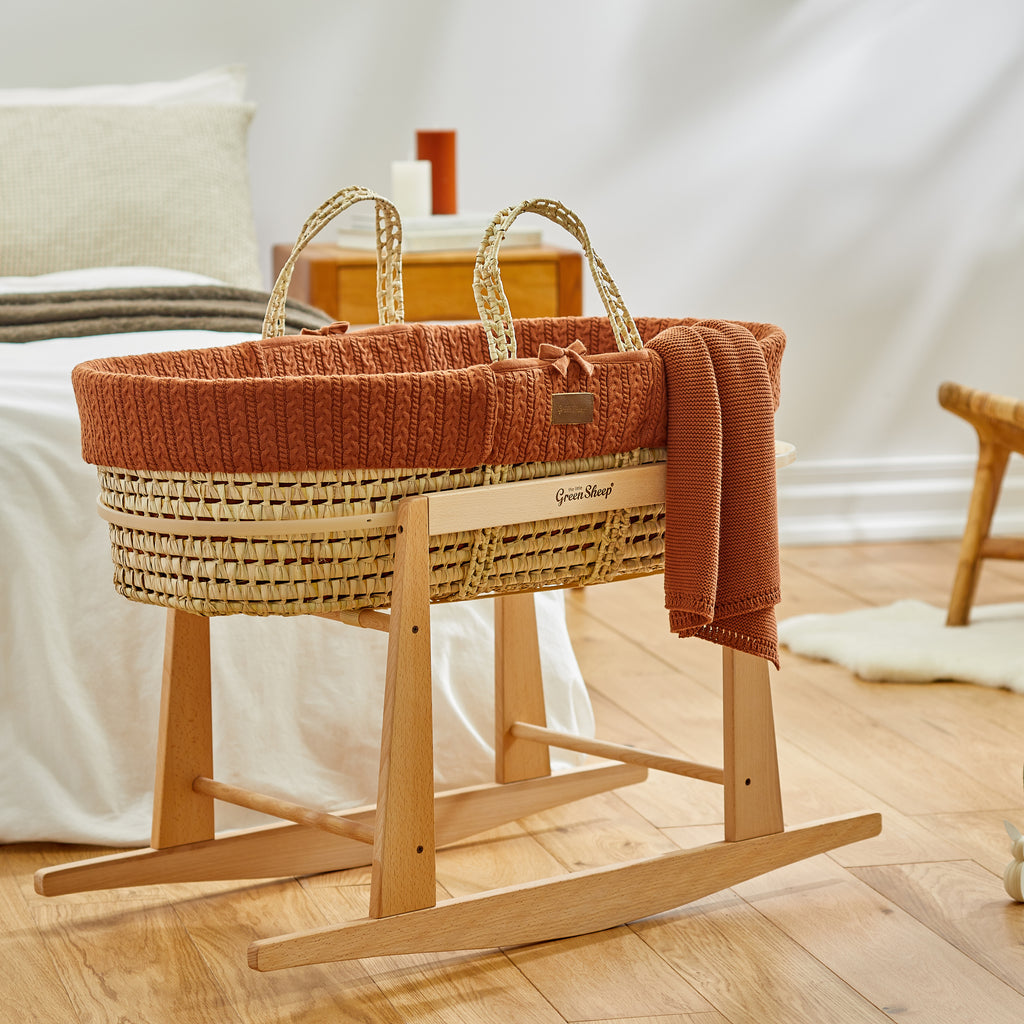 The Little Green Sheep Knitted Moses Basket & Stand - Terracotta
