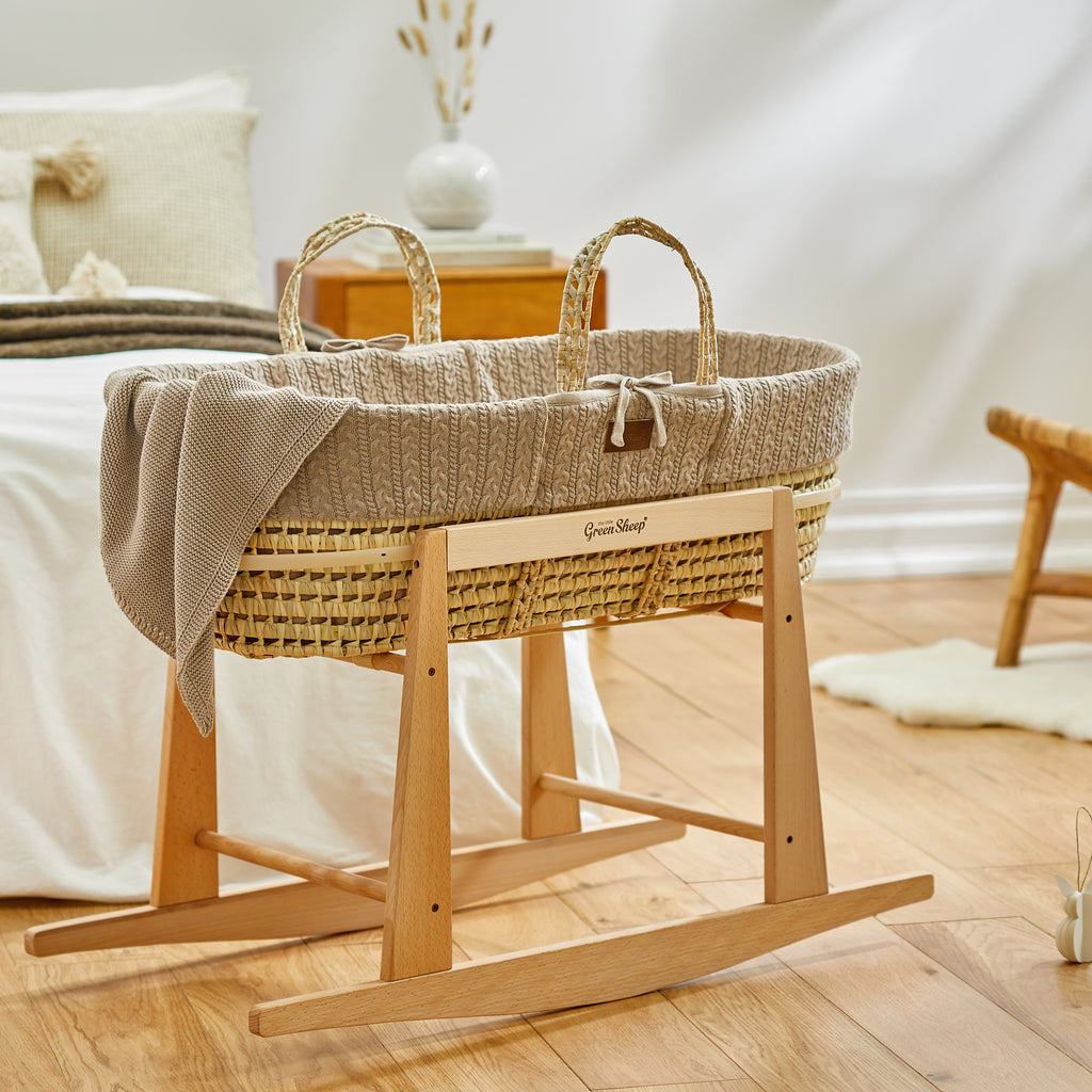The Little Green Sheep Knitted Moses Basket & Stand - Truffle