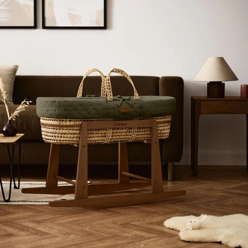 The Little Green Sheep Organic Dimple Quilted Moses Basket & Walnut Rocking Stand | Juniper