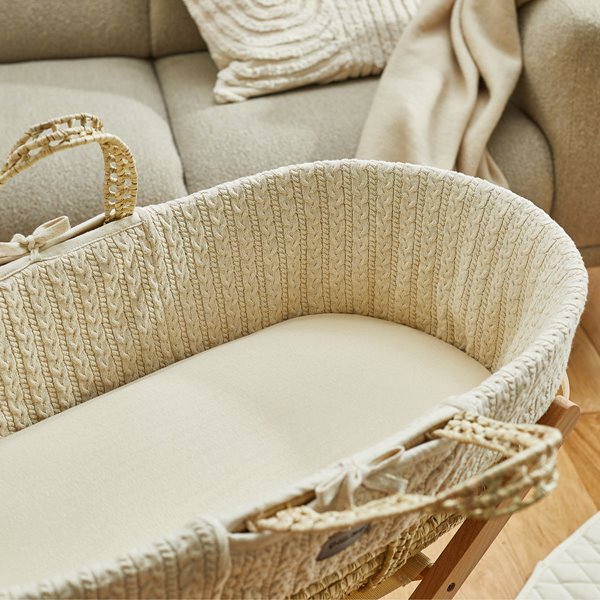 The Little Green Sheep Knitted Moses Basket & Walnut Foldable Stand | Linen