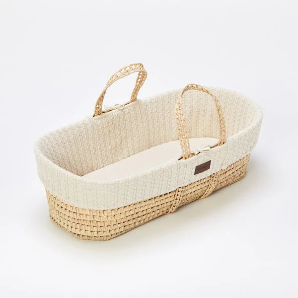 The Little Green Sheep Knitted Moses Basket & Walnut Foldable Stand | Linen