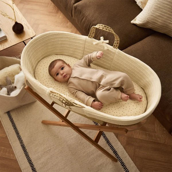 The Little Green Sheep Knitted Moses Basket & Walnut Foldable Stand | Linen
