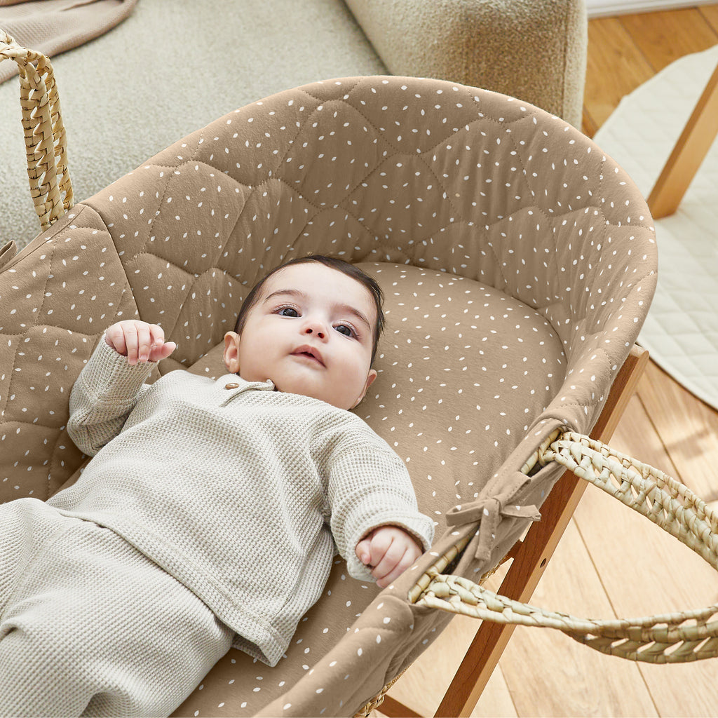 The Little Green Sheep Quilted Moses Basket & Stand - Truffle Rice