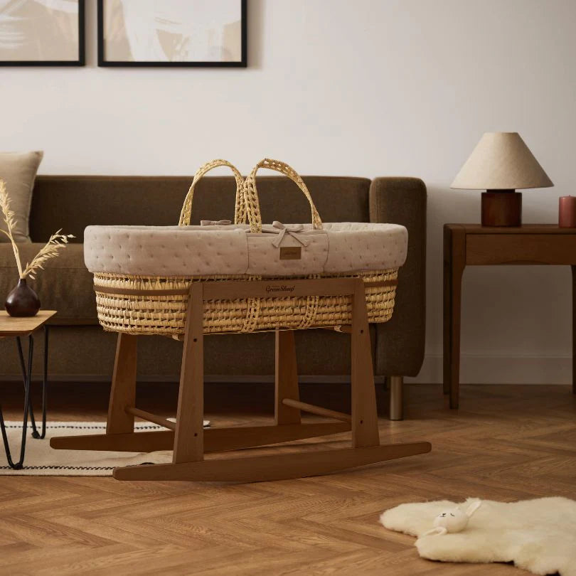 The Little Green Sheep Organic Dimple Quilted Moses Basket & Walnut Rocking Stand | Truffle
