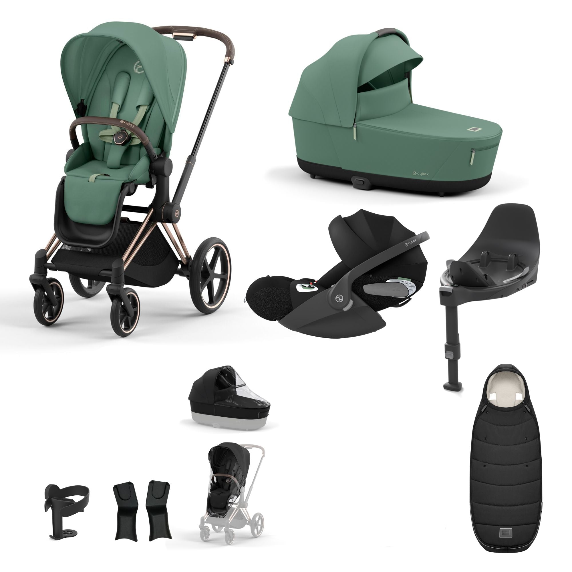 Cybex Priam Travel System Bundle Leaf Green on Rose Gold