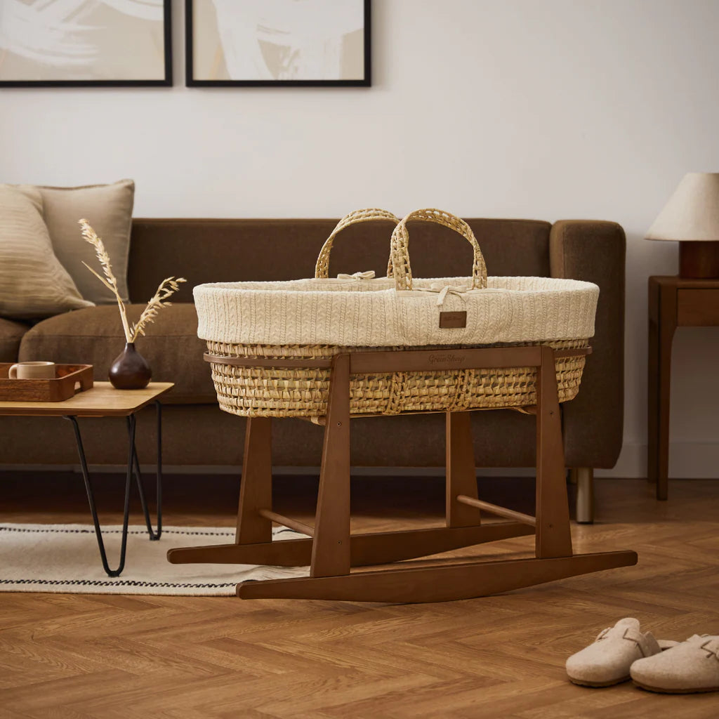 The Little Green Sheep Knitted Moses Basket & Walnut Rocking Stand | Linen