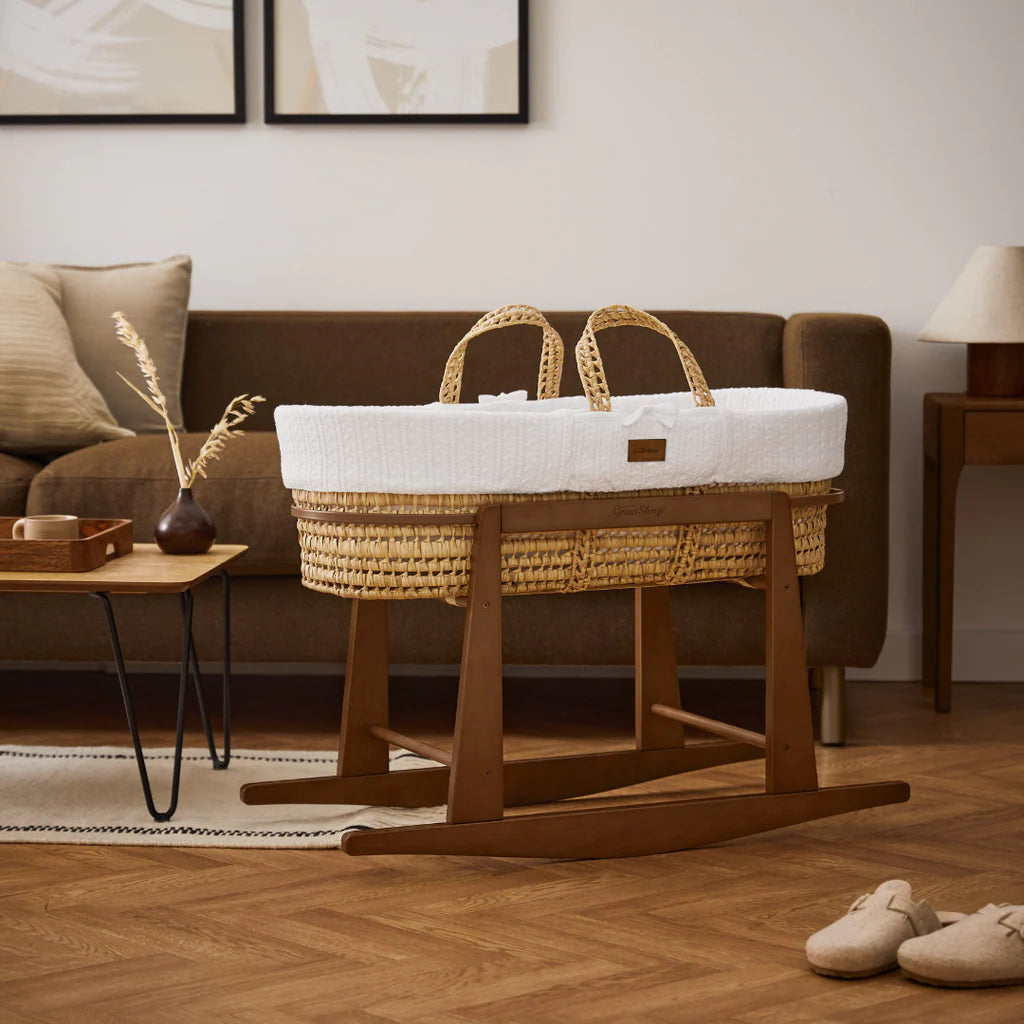 The Little Green Sheep Knitted Moses Basket & Walnut Rocking Stand | W
