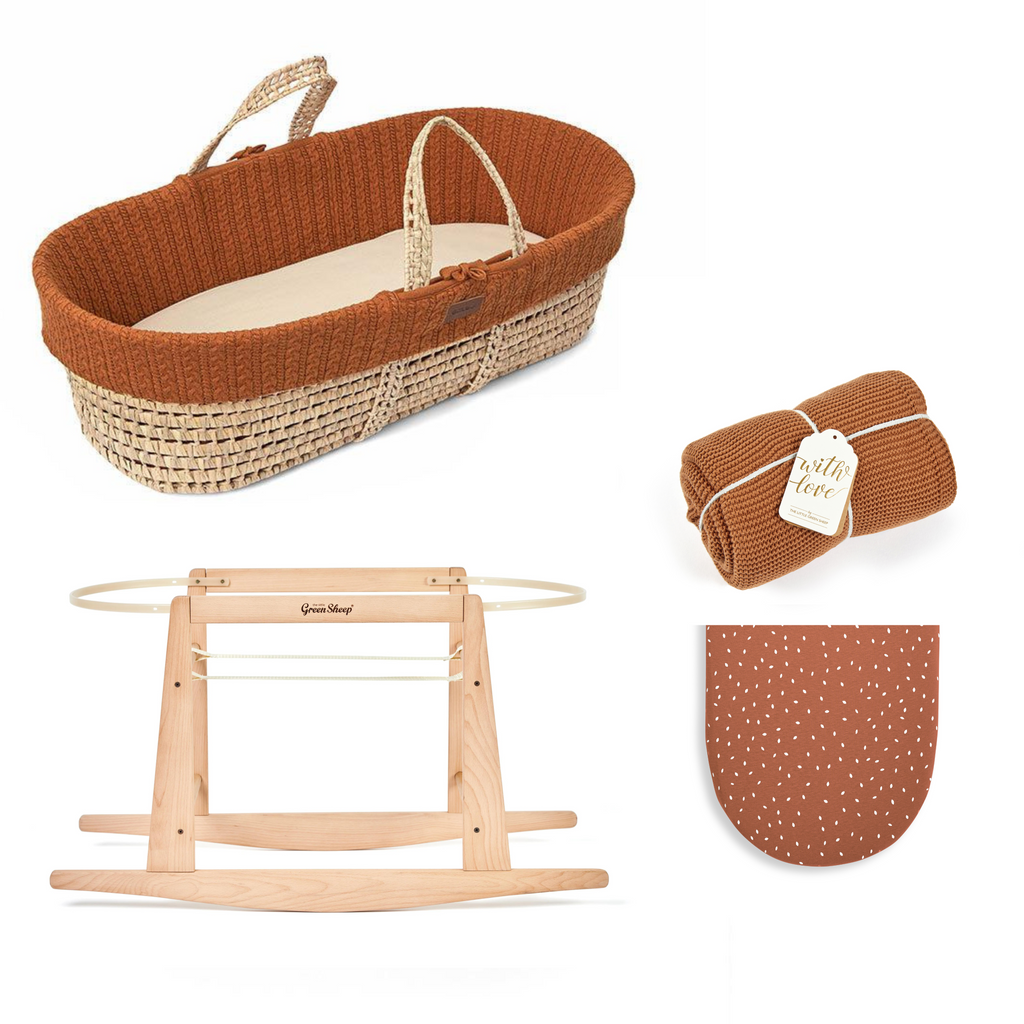 The Little Green Sheep Knitted Moses Basket Bundle - Terracotta