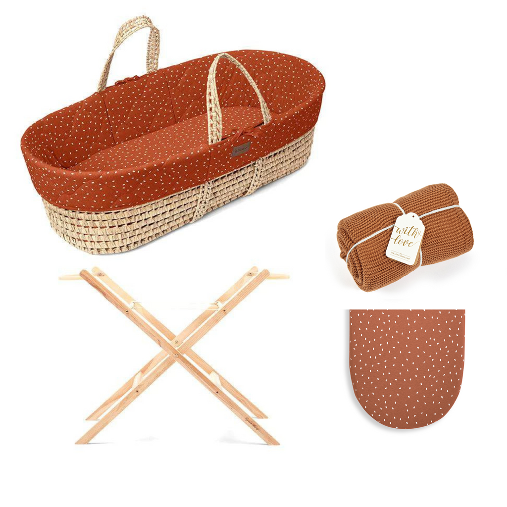 The Little Green Sheep Quilted Moses Basket Bundle - Terracotta Rice