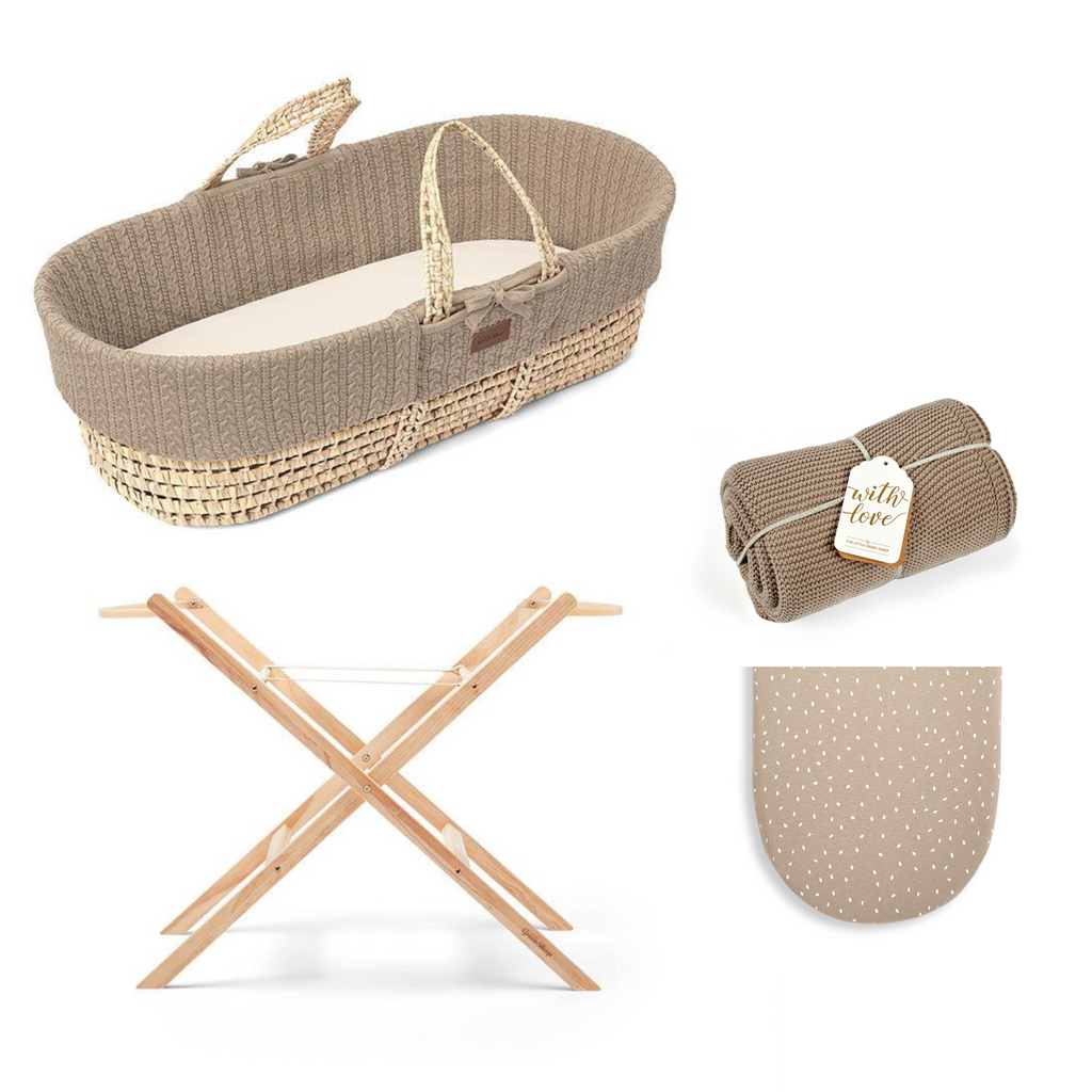 The Little Green Sheep Knitted Moses Basket Bundle - Truffle