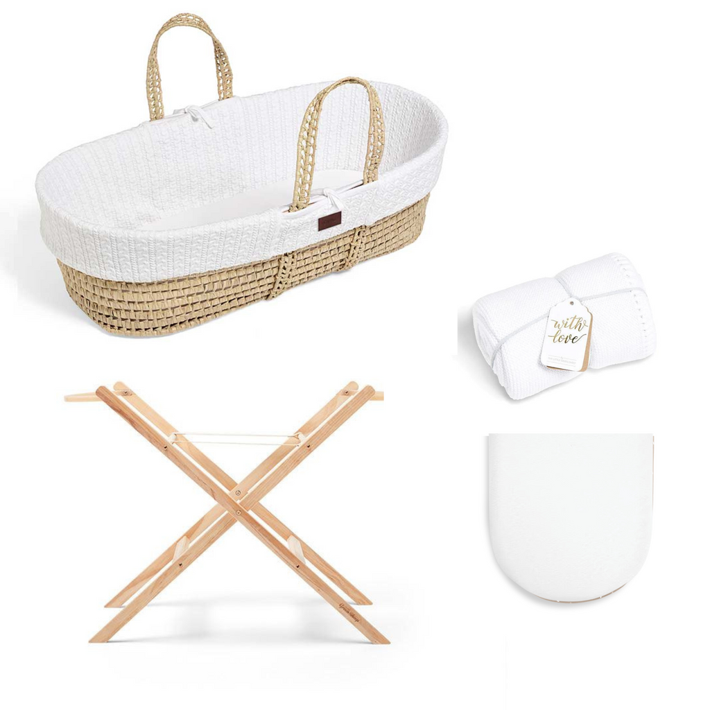 The Little Green Sheep Knitted Moses Basket Bundle - White