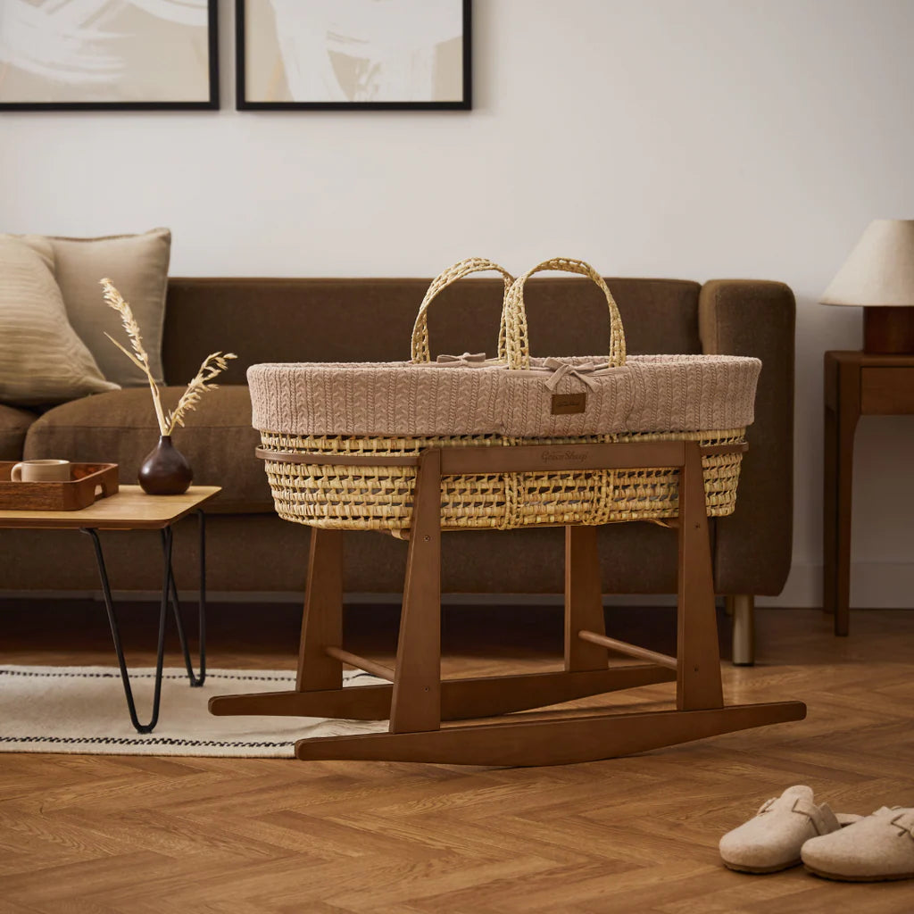 The Little Green Sheep Knitted Moses Basket & Walnut Rocking Stand | Truffle