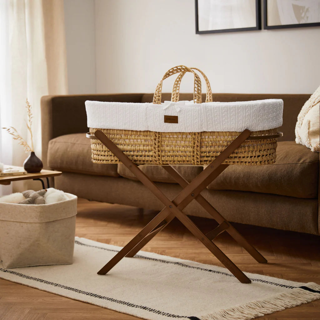 The Little Green Sheep Knitted Moses Basket & Walnut Foldable Stand | White