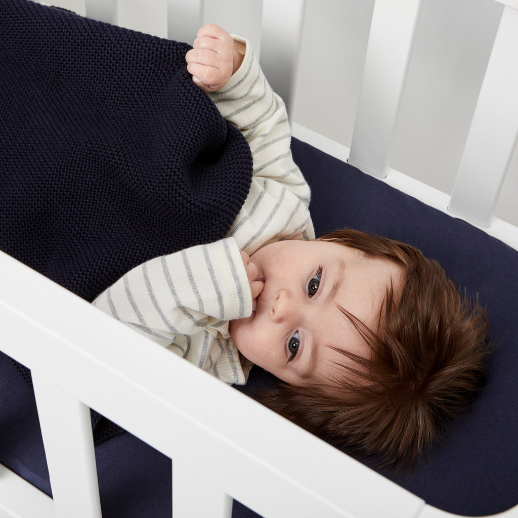 The Little Green Sheep Organic Knitted Cellular Baby Blanket - Midnight - Beautiful Bambino