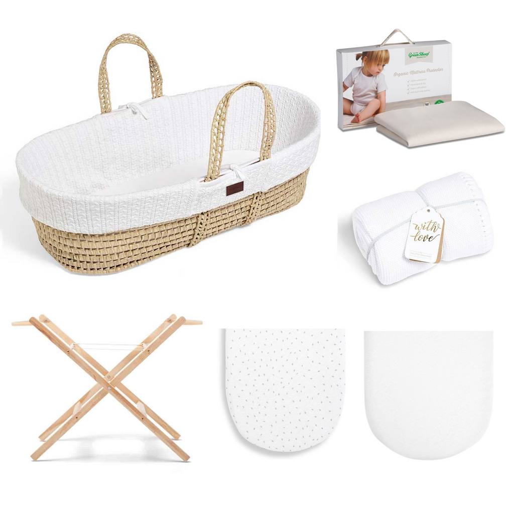 The Little Green Sheep Natural Moses Basket 6 Piece Bundle - White