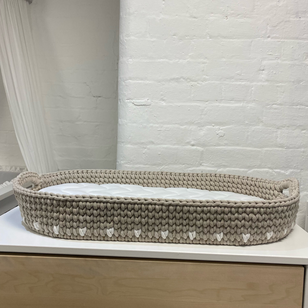 Crochet Changing Basket Bundle - Beige/White Accents