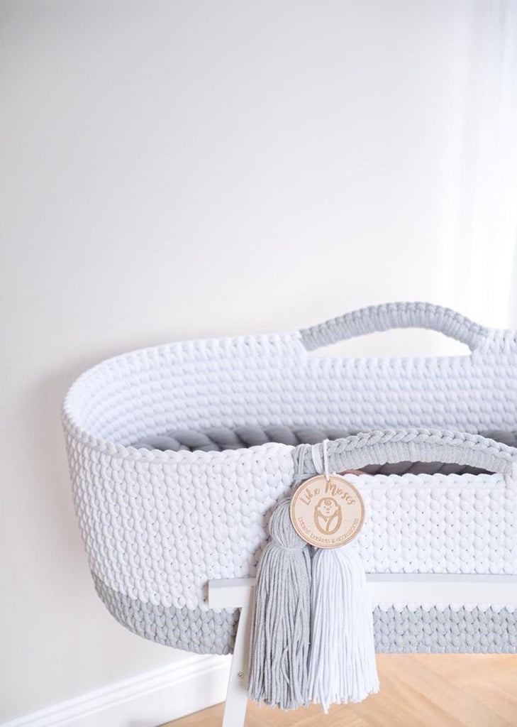 Crochet Moses Basket Two-tone - Light Grey/ Snow White