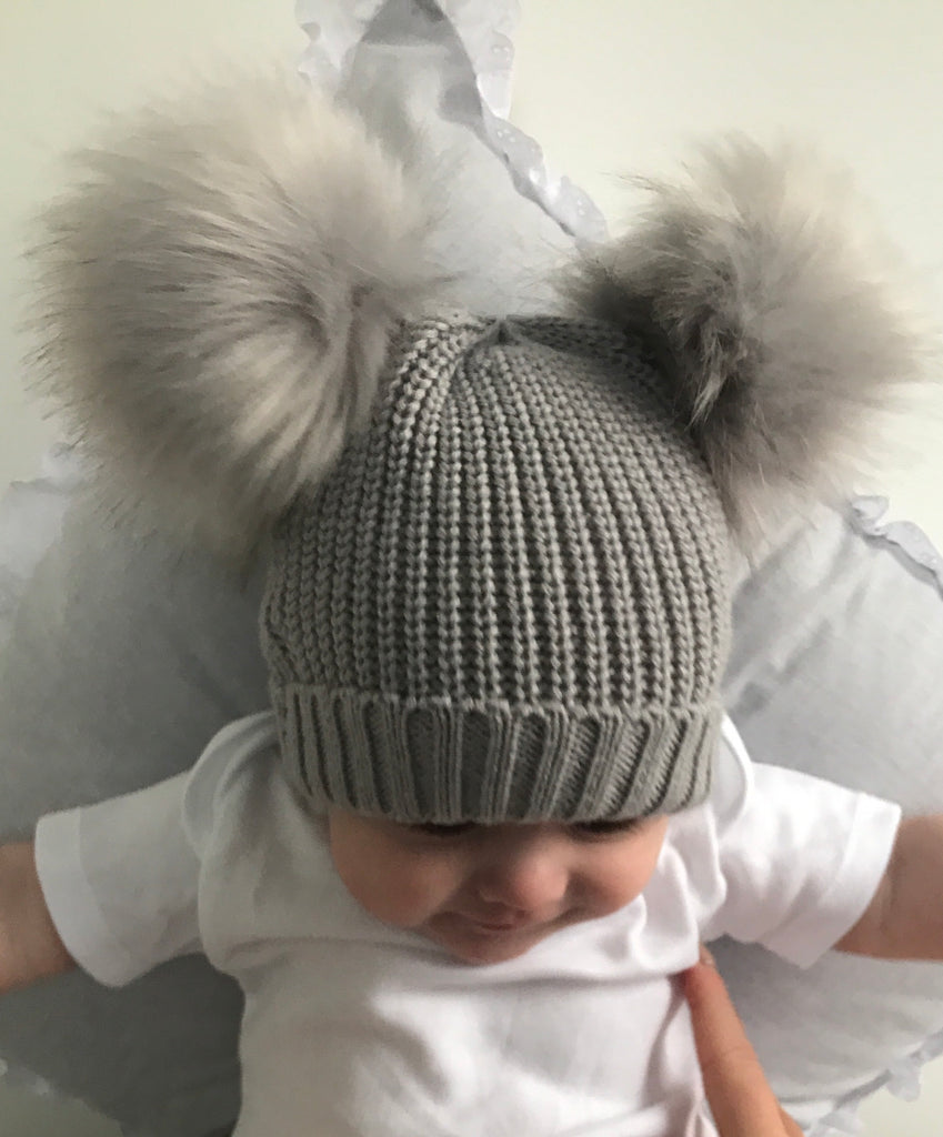 Grey Double Pom Pom Knitted Hat - Beautiful Bambino